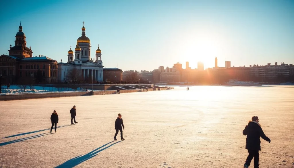A serene winter landscape in Helsinki, Finland, with a dusting of snow covering the picturesque cityscape. In the foreground, a group of people ice skating on a frozen lake, their silhouettes gliding gracefully against the backdrop of historic buildings. The middle ground features the iconic Uspenski Cathedral, its onion domes gleaming in the soft, golden light of the setting sun. In the distance, the Helsinki skyline rises, a mix of modern and classic architecture framed by a crisp, azure sky. The scene conveys the enchanting atmosphere of a city that embraces the beauty of all four seasons.