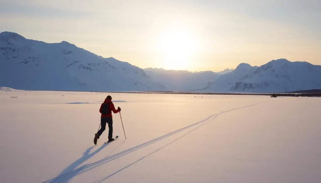 A serene winter landscape in the Arctic region of Troms og Finnmark, Norway. A cross-country skier glides effortlessly across a pristine, snow-covered trail, surrounded by towering snow-capped mountains in the distance. The crisp, clear sky is illuminated by the soft, golden light of the sun, casting a warm glow over the scene. The skier's movement creates a graceful, rhythmic pattern in the snow, capturing the essence of outdoor adventure and the tranquility of the Nordic wilderness.