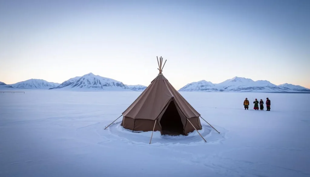 A serene winter landscape in the Norwegian Arctic, where the Sami people have lived for centuries. In the foreground, a traditional lavvu tent stands amidst a blanket of pristine snow, its earthy tones complementing the icy backdrop. Nearby, a group of Sami in colorful national dress engage in a traditional activity, their movements captured in a warm, natural light that filters through the crisp air. In the distance, majestic mountains rise, their peaks dusted with a gentle layer of snow. The scene evokes a sense of timeless cultural heritage, inviting the viewer to immerse themselves in the unique traditions of the Sami people within the breathtaking setting of Tysfjord National Park.