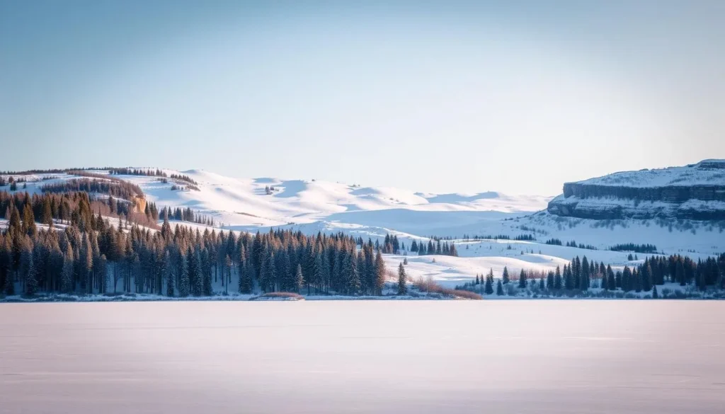 A serene winter landscape of Gotska Sandön, the northernmost island in the Baltic Sea off the coast of Sweden. A crisp, clear day with a soft, diffused lighting illuminating the pristine, snow-covered terrain. In the foreground, a picturesque frozen lake reflects the surrounding pine forests and sand dunes. In the middle ground, rolling hills are blanketed in a layer of fresh snow, creating a peaceful, tranquil atmosphere. The background features the rugged, windswept cliffs and rocky coastline that characterize this remote and beautiful island. The overall scene conveys a sense of solitude, natural beauty, and the serene, untouched qualities of this Nordic paradise.