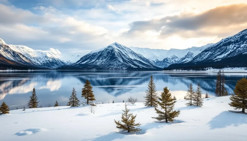 A serene winter landscape of Lake Gjende, Norway. The frozen lake reflects the majestic, snow-capped mountains in the background, creating a breathtaking mirror effect. In the foreground, a pristine blanket of white snow covers the ground, dotted with occasional pine trees. Soft, diffused sunlight filters through the clouds, casting a warm, golden glow over the scene. The atmosphere is peaceful and tranquil, inviting visitors to embrace the beauty of this picturesque Nordic destination during the colder months.