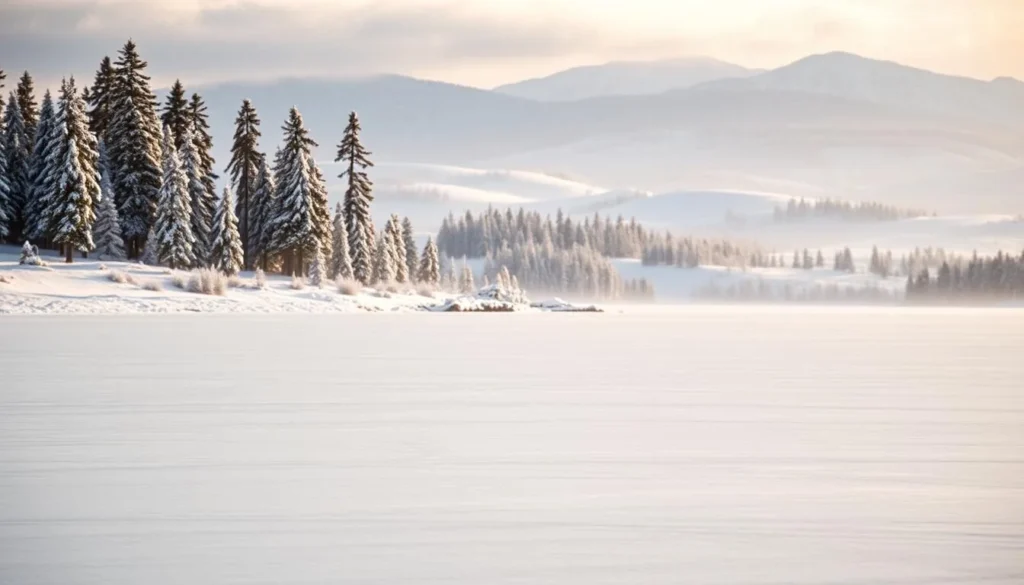 A serene winter landscape of Lake Pielinen, Finland. In the foreground, a pristine frozen lake reflects the soft, muted tones of the surrounding landscape. Gentle snowfall dances in the air, creating a peaceful, tranquil atmosphere. The middle ground features a mix of tall, snow-capped pine trees and rolling hills, blanketed in a fresh layer of snow. In the distance, the majestic Karelian Isthmus rises, its peaks and valleys creating a stunning backdrop to the scene. The lighting is soft and diffuse, casting a warm, golden glow over the entire composition. Capture the natural beauty and serenity of this Finnish winter wonderland.