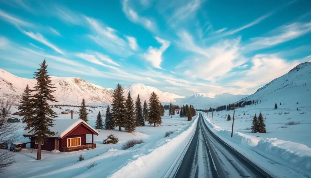 A serene winter scene in Alta, Norway. In the foreground, a cozy cabin nestled among snow-capped mountains, its warm glow beckoning travelers. In the middle ground, a well-plowed road winds through a landscape blanketed in pristine white, flanked by towering pines. The sky is a stunning azure, with wisps of clouds drifting overhead, illuminated by the soft, natural light of a late afternoon. The overall atmosphere conveys a sense of tranquility and the promise of adventure, inviting the viewer to explore the picturesque town and its unique Nordic charm.