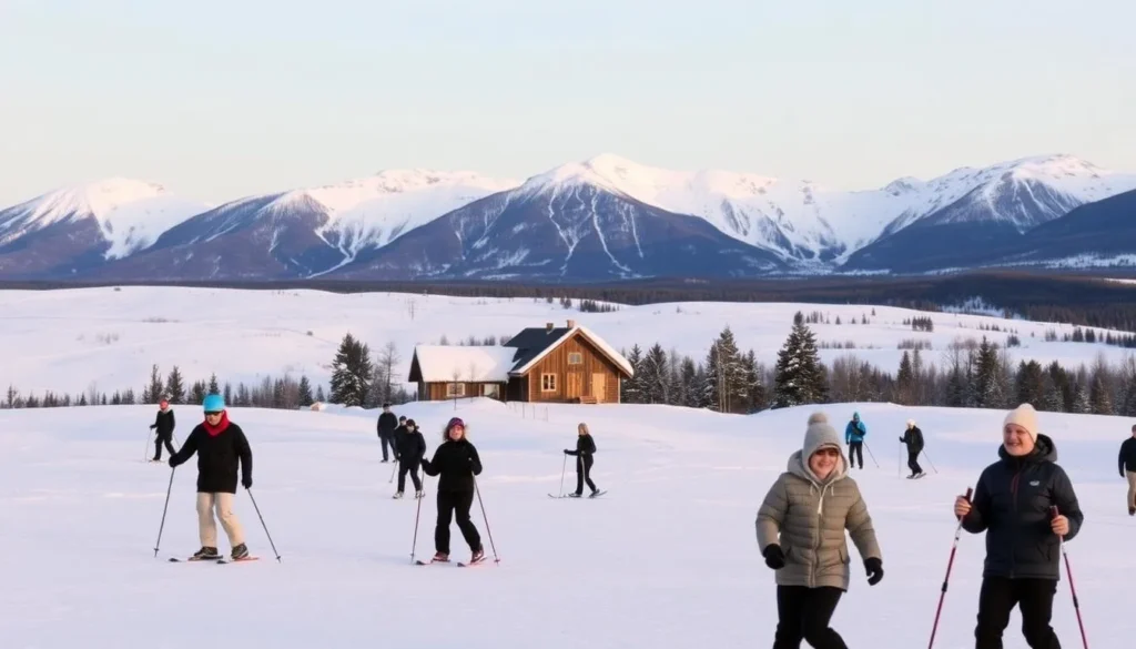 A serene winter scene in Tromsø, Norway, where snow-capped mountains rise majestically against a crisp, azure sky. In the foreground, a group of people engage in various outdoor activities, their laughter and excitement palpable. Skiers carve graceful turns down a pristine slope, while snowshoers trek through the powdery white landscape. In the middle ground, a cozy cabin nestled among the trees emits a warm, inviting glow, hinting at the comforts awaiting within. The overall atmosphere is one of tranquility and adventure, perfectly capturing the essence of a Tromsø winter wonderland.