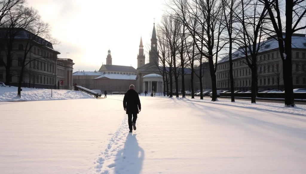A serene winter scene in Vilnius, Lithuania. The old town is blanketed in a pristine layer of snow, the historic buildings and church spires casting long shadows across the cobblestone streets. In the foreground, a lone figure strolls through the tranquil landscape, their footprints leaving a trail in the untouched powder. Warm lighting filters through the overcast sky, casting a soft, ethereal glow over the picturesque setting. Tall, bare trees line the periphery, their delicate branches reaching towards the heavens. The overall mood is one of peaceful solitude, capturing the essence of a Vilnius winter.