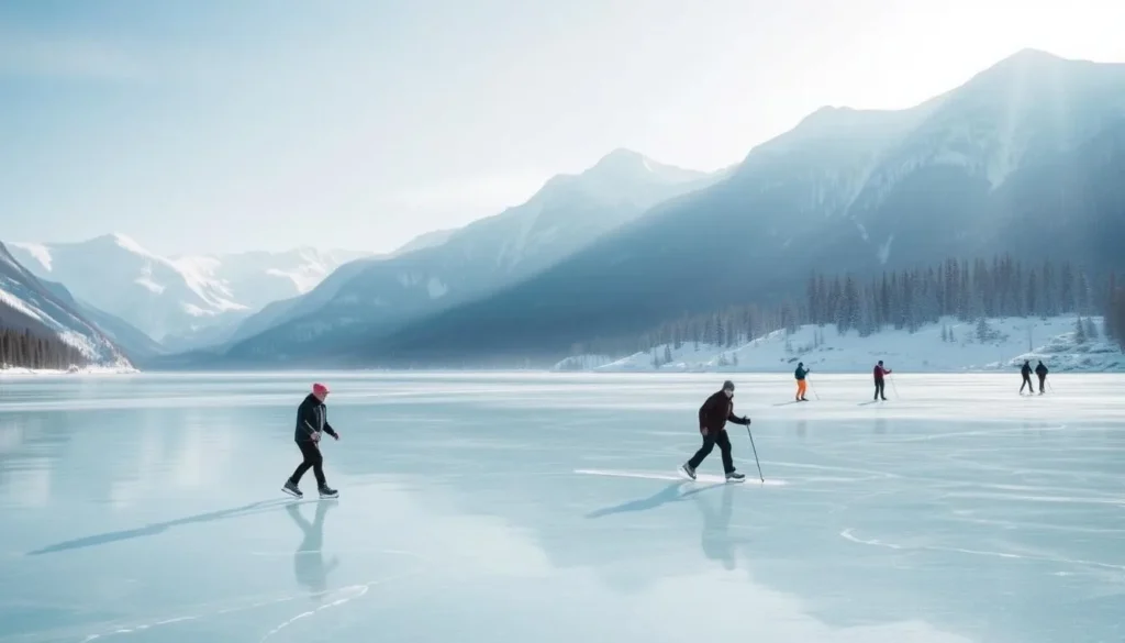 A serene winter wonderland at Lake Louise, Alberta. In the foreground, people ice skating on the frozen turquoise lake, gliding gracefully across the smooth surface. In the middle ground, snowshoers and cross-country skiers explore the peaceful trails amidst a gentle snowfall, the soft light casting a magical glow. In the background, the majestic Rocky Mountains rise up, their snow-capped peaks piercing the clear, crisp sky. The scene is bathed in a soft, diffused natural light, creating a peaceful, tranquil atmosphere. The image captures the beauty and diversity of winter activities beyond just skiing at this iconic Canadian destination.