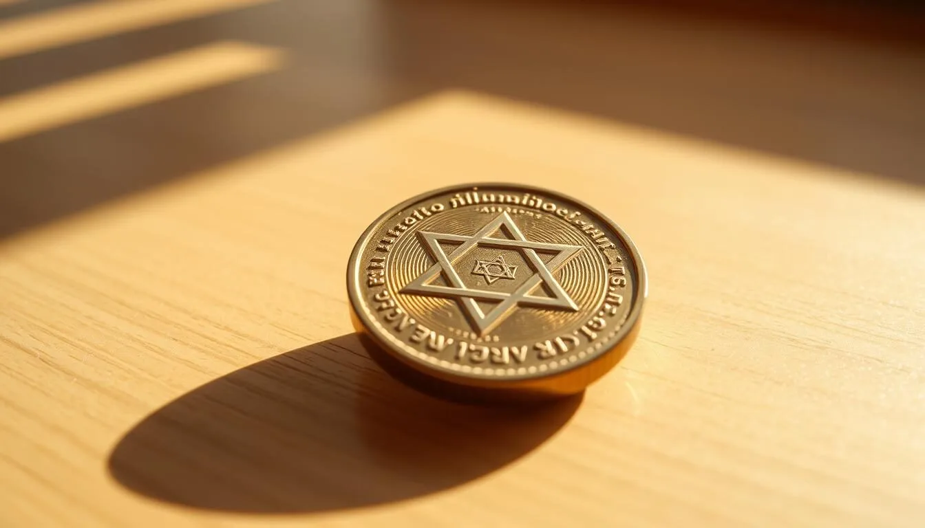 A shiny, metallic Israeli New Shekel coin rests on a smooth, wooden surface, bathed in natural light. The coin's intricate design features the Star of David, the national emblem of Israel, with graceful Hebrew lettering. The coin's golden hue reflects the warm, Mediterranean atmosphere, conveying a sense of prosperity and cultural heritage. The background is slightly blurred, keeping the focus on the detailed, high-quality craftsmanship of the New Shekel. The image captures the essence of Israel's modern currency, ready to be showcased in a travel guide about the country's financial landscape.