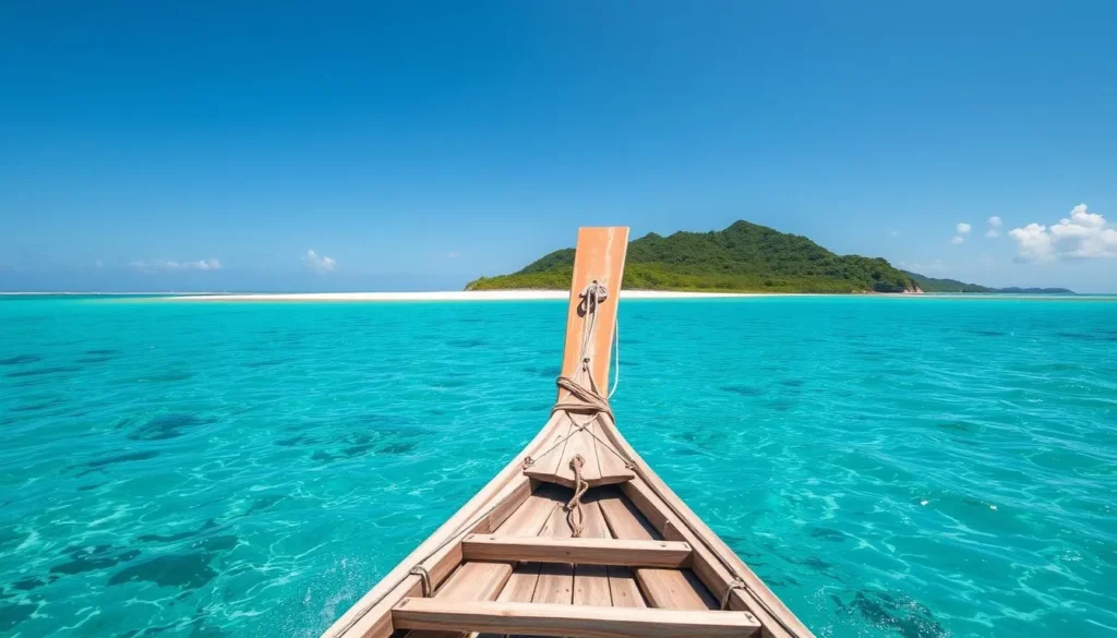 A small outrigger boat approaching Sambawan Island with crystal clear waters and the island's distinctive hills in the background