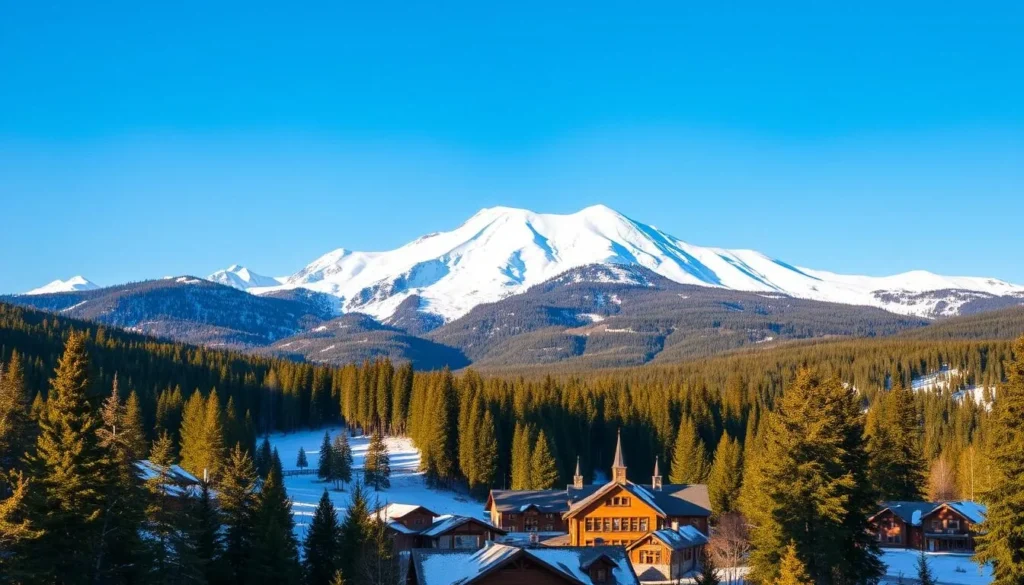 A snow-capped mountain range dominates the scenic landscape, its peaks reaching towards the azure sky. In the foreground, a quaint mountain town nestles amidst towering evergreen forests, its charming wooden buildings and cozy cabins bathed in warm, golden sunlight. Skiers and snowboarders carve graceful turns down the pristine slopes, while hikers explore winding trails that lead to hidden waterfalls and serene alpine lakes. The air is crisp and clean, carrying the scent of pine and the faint aroma of wood smoke from cozy fireplaces. This is Fernie, a true mountain paradise in the heart of the Canadian Rockies, where nature and community coexist in perfect harmony.