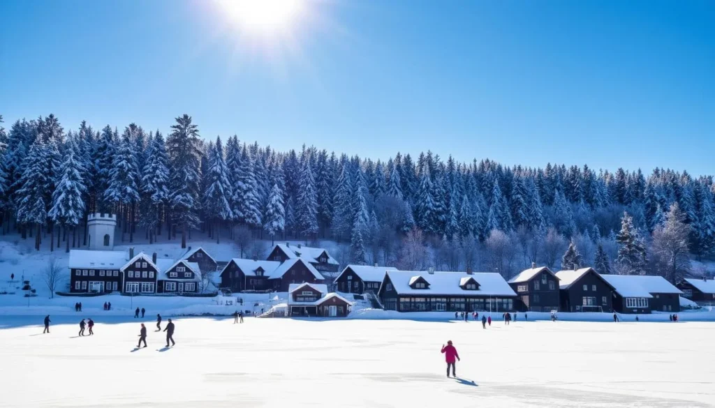 A snow-covered landscape in Helsinki, Finland during the winter season. In the foreground, a picturesque frozen lake with people ice skating and ice fishing. The middle ground features a quaint village with traditional Nordic-style buildings, their roofs dusted with a layer of pristine white snow. In the background, a dense forest of tall, majestic pine trees stands tall, their branches weighted down by the heavy snowfall. The sky is a brilliant, clear blue, with the sun casting a warm, golden glow over the entire scene. The overall mood is one of peaceful tranquility and enchantment, perfectly capturing the essence of a Helsinki winter wonderland.