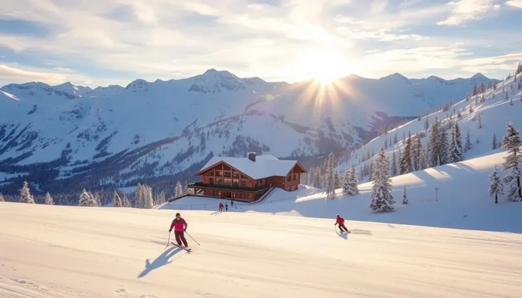 A snow-covered mountain landscape in Crowsnest Pass, Alberta, Canada. In the foreground, a group of skiers gracefully carve turns on a well-groomed slope, their colorful ski gear contrasting with the pristine white snow. The middle ground features a cozy ski lodge, its wooden architecture and warm lights creating a welcoming atmosphere. In the background, majestic snow-capped peaks rise against a brilliant blue sky, bathed in the soft, golden glow of the winter sun. The scene conveys a sense of tranquility and adventure, perfectly capturing the essence of winter fun in Bellevue, Alberta.