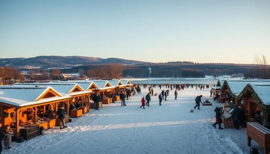 A snowy winter landscape in Gävleborg County, Sweden, with a bustling outdoor festival in the foreground. Rows of wooden stalls selling traditional handicrafts, steaming hot drinks, and cozy knitted accessories. In the middle ground, a frozen lake with people ice skating, while in the background, snow-capped hills and a clear, crisp blue sky. Warm, golden lighting casts a festive glow over the scene, creating a charming and inviting atmosphere. The camera captures a wide, panoramic view, highlighting the natural beauty and vibrant cultural festivities of this picturesque Swedish region in the wintertime.