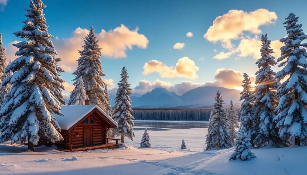 A snowy winter landscape in Lapland, Finland, with a cozy log cabin nestled in the foreground, surrounded by towering pine trees dusted with a thick layer of fresh snow. In the middle ground, a frozen lake reflects the azure sky, dotted with fluffy white clouds. In the distance, majestic snow-capped mountains rise against the horizon, bathed in the warm, golden glow of the setting sun. The scene exudes a sense of tranquility and wonder, capturing the magical essence of a true Lapland winter wonderland.