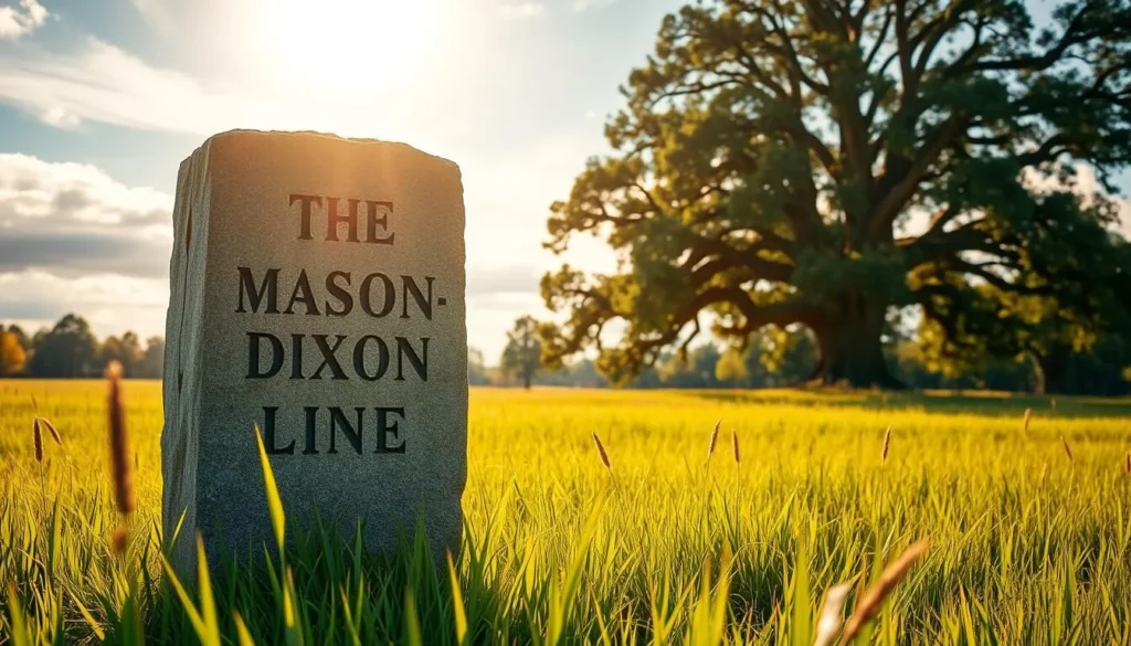 A solid, weathered stone marker standing tall, etched with the iconic "Mason-Dixon Line" inscription. The marker is situated in a lush, verdant meadow, bathed in warm, golden sunlight filtering through wispy clouds. Tall, swaying grasses frame the foreground, and towering oak trees dot the middle ground, creating a sense of depth and tranquility. The scene captures the historical significance and natural beauty of this important landmark, inviting the viewer to step back in time and explore the rich history of the region.