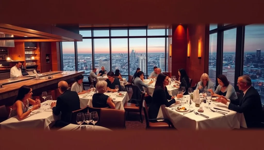 A sophisticated restaurant interior with warm lighting, wooden accents, and an open kitchen showcasing the culinary artistry. Elegant diners savoring their meals at white-linen-covered tables, engaged in lively conversation. Large windows offer a panoramic view of the bustling city outside, creating a sense of connection between the intimate dining experience and the vibrant urban landscape. The atmosphere exudes a blend of refined elegance and local charm, inviting guests to immerse themselves in the unique culinary delights of Washington, DC.