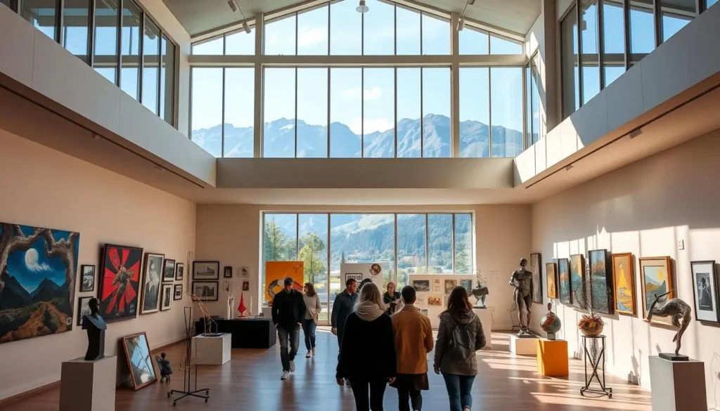 A spacious, sunlit regional art gallery in the heart of Liberec, Czechia. The building's modernist architecture features expansive windows, clean lines, and a warm, inviting atmosphere. The foreground showcases a variety of contemporary artworks, including vibrant paintings, intricate sculptures, and multimedia installations. In the middle ground, visitors stroll through the gallery's well-curated exhibition spaces, admiring the diverse range of regional art. The background reveals the majestic Jizera Mountains, visible through the gallery's large windows, providing a picturesque natural backdrop to the artistic experience.