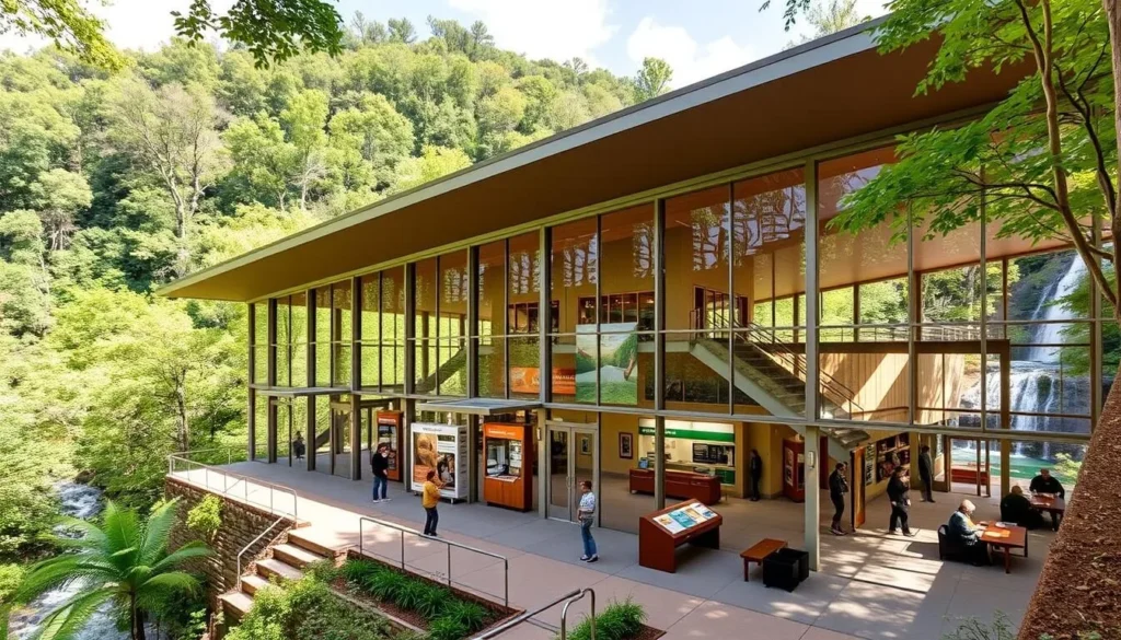 A spacious, well-designed interpretive center nestled amidst the lush, verdant landscape of Tallulah Gorge State Park. The building features a modern, glass-fronted facade, allowing for abundant natural light to flood the interior spaces. A gently sloping roof and warm, earthy tones blend seamlessly with the surrounding environment. Visitors are welcomed into a bright, airy lobby, with informative displays and interactive exhibits showcasing the park's rich history, geology, and wildlife. Strategically placed windows offer captivating views of the dramatic gorge and cascading waterfalls beyond. Comfortable seating areas and well-appointed amenities ensure a pleasant and informative experience for all guests.