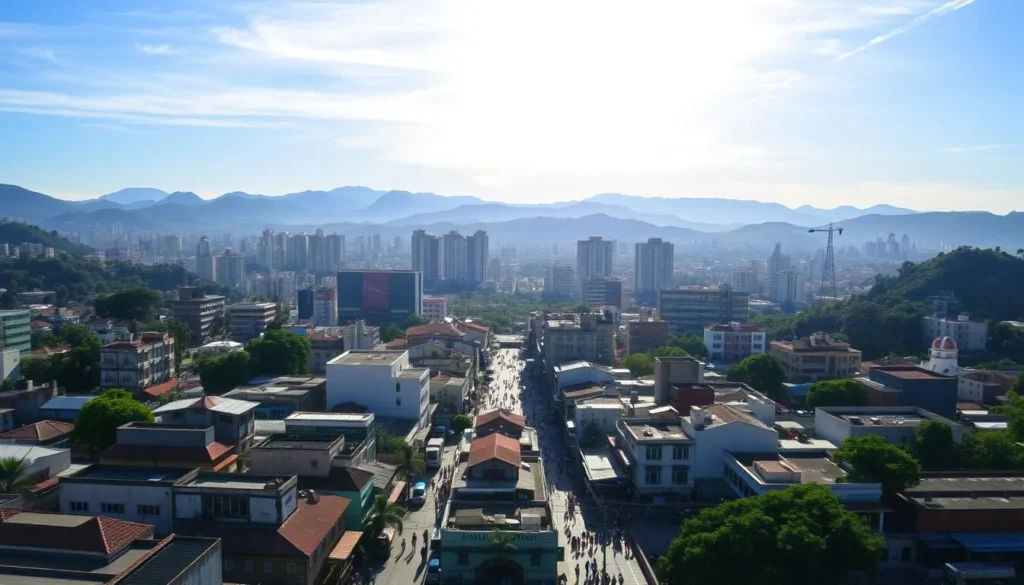 A sprawling cityscape of Feira De Santana, Brazil's second-largest city in the state of Bahia. In the foreground, bustling streets filled with colorful buildings, local shops, and lively pedestrians. In the middle ground, towering skyscrapers and modern high-rises reaching towards a bright, sun-dappled sky. In the background, rolling hills and lush greenery frame the urban landscape, creating a harmonious blend of nature and civilization. Capture the vibrancy, energy, and unique character of this thriving Brazilian metropolis through a wide-angle lens, showcasing its diverse architecture, bustling street life, and picturesque setting.