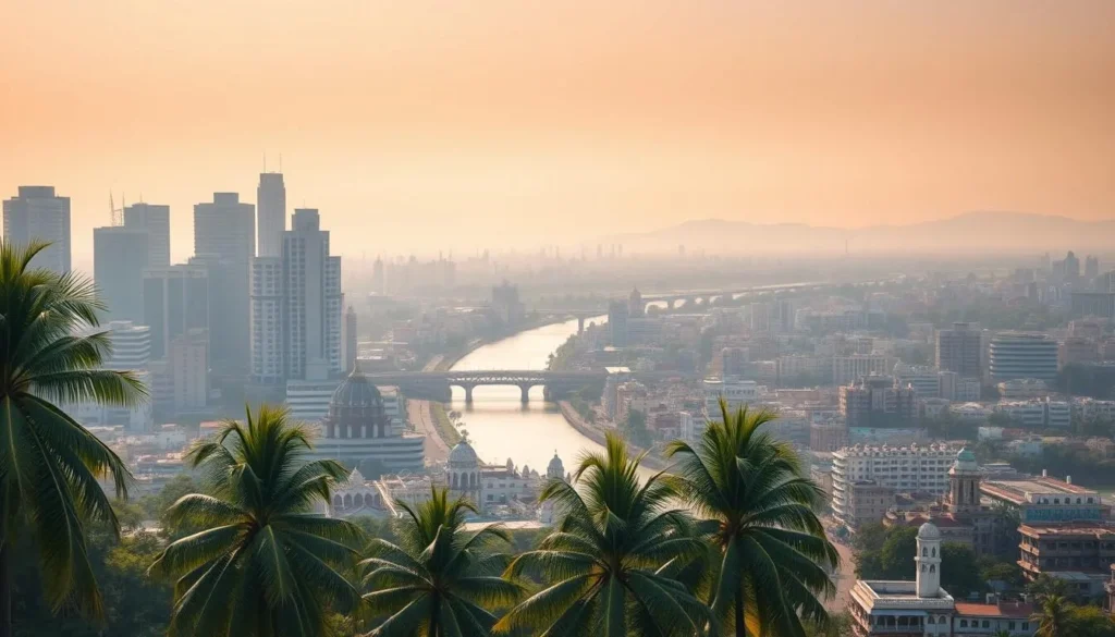 A sprawling cityscape of Surat, the diamond capital of India, bathed in warm golden light. Towering skyscrapers and bustling streets contrast with the serene Tapi River flowing through the heart of the city. In the foreground, lush palm trees sway gently, while the middle ground showcases a vibrant mix of traditional and modern architecture. The background is dominated by a hazy, hilly horizon, creating a sense of depth and grandeur. The scene conveys a harmonious blend of Surat's rich heritage and dynamic, forward-looking spirit. Crisp, high-resolution details captured through a wide-angle lens to fully immerse the viewer in the captivating cityscape.