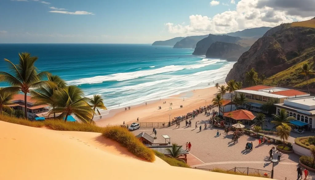 A sprawling coastal town nestled along the striking azure shores of the Pacific, Mancora's sun-drenched beaches and vibrant promenade come alive under the warm Peruvian sun. In the foreground, palm-fringed white sand dunes lead to a crystal-clear ocean, dotted with surfers riding the gentle waves. The middle ground showcases Mancora's quaint architecture, with colorful buildings and open-air cafes lining the bustling main street. In the background, rugged cliffs and lush hills create a picturesque natural backdrop, evoking a sense of tranquility and relaxation. Soft, diffused lighting casts a golden glow over the entire scene, capturing the laid-back, tropical atmosphere of this northern Peruvian beach paradise.