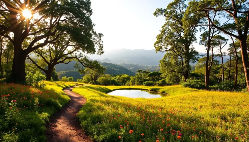 A sprawling conservation reserve nestled in the lush, verdant landscape of Grande Sertao Veredas National Park, Brazil. Sunlight filters through the canopy of towering trees, casting a warm, golden glow over the scene. In the foreground, a winding dirt path meanders through a meadow of vibrant wildflowers, inviting visitors to explore the natural wonders. In the middle ground, a small pond reflects the surrounding foliage, its calm waters teeming with aquatic life. In the distance, rolling hills and mountains rise up, creating a breathtaking backdrop for this serene, ecologically-rich environment. The overall mood is one of tranquility and preservation, capturing the essence of the park's conservation efforts and educational activities.