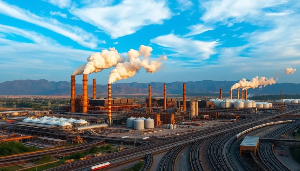 A sprawling industrial complex against a backdrop of rolling hills, the Bhilai Steel Plant stands as a testament to India's engineering prowess. Towering blast furnaces belch billowing plumes of steam, casting a warm, amber glow across the scene. Rows of gleaming storage tanks and pipelines weave through the intricate machinery, hinting at the plant's immense scale and efficiency. In the foreground, a network of railways and roads bustles with activity, transporting raw materials and finished products. The sky is a vibrant blue, with wispy clouds drifting overhead, creating a serene contrast to the powerful, industrial landscape below.