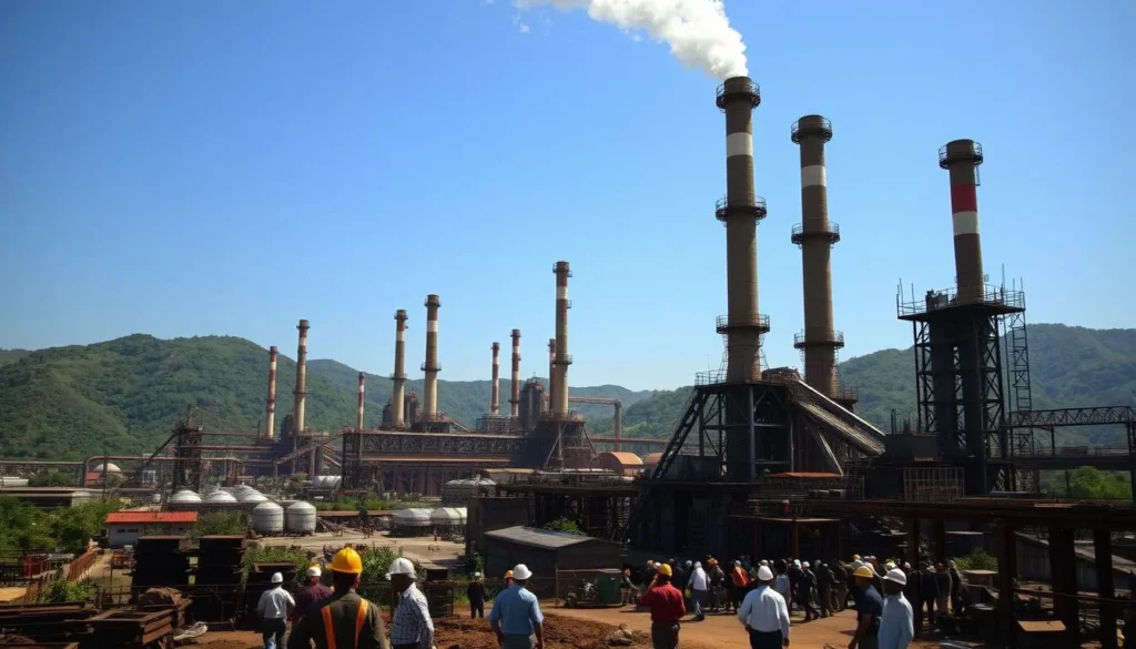A sprawling industrial complex of towering blast furnaces, towering against a backdrop of lush, verdant hills. Billowing smokestacks and gleaming steel infrastructure set against a clear, azure sky. In the foreground, workers in hard hats and protective gear bustle about, maintaining the vital operations of the Bhilai Steel Plant, the beating heart of India's industrial might. The scene is bathed in warm, golden sunlight, casting a glow over the entire landscape. Wide-angle lens captures the sheer scale and grandeur of this engineering marvel, nestled within the natural beauty of Chhattisgarh.
