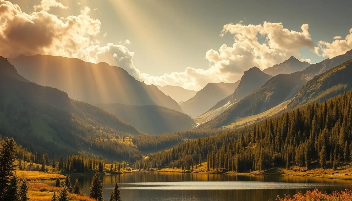 A sprawling landscape of rugged mountains, deep valleys, and pristine lakes under a warm, golden light. Vast evergreen forests cover the rolling hills, with glimpses of rushing streams and glistening waterfalls. In the foreground, a serene lake reflects the surrounding peaks, their slopes dotted with vibrant wildflowers. Rays of sunlight filter through wispy clouds, casting a soft, natural glow over the entire scene. This idyllic, untamed corner of Southern Lapland, Finland, invites exploration and wonder, capturing the essence of Posio's breathtaking natural beauty.