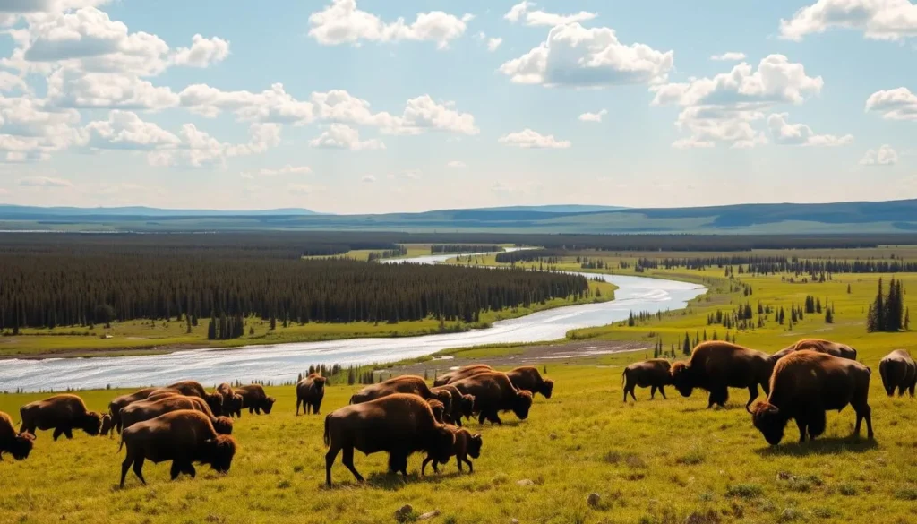 A sprawling landscape of the Wood Buffalo National Park in Alberta, Canada, during the summer season. In the foreground, a herd of majestic wood bison grazes on the lush, verdant meadows, their shaggy coats glistening in the warm, golden sunlight. The middle ground features a winding river, its waters shimmering and reflecting the blue sky above, dotted with fluffy white clouds. In the distance, rolling hills and dense, evergreen forests create a serene, peaceful backdrop, hinting at the diverse wildlife and natural wonders that await visitors. The scene conveys a sense of tranquility and the natural beauty that defines Wood Buffalo National Park during the summer months.