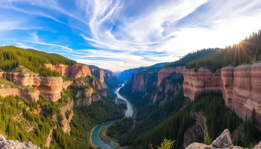 A sprawling panorama of the Fraser Canyon, showcasing its majestic geography. In the foreground, a winding river cuts through rugged, towering cliffs, their layers of sedimentary rock exposed in warm, earthy tones. Lush, verdant forests cling to the steep slopes, their canopy creating a lush, verdant backdrop. The sky is a brilliant blue, with wispy clouds drifting overhead, illuminated by the warm glow of the sun. The scene evokes a sense of awe and wonder, capturing the natural beauty and grandeur of this iconic Canadian landscape.