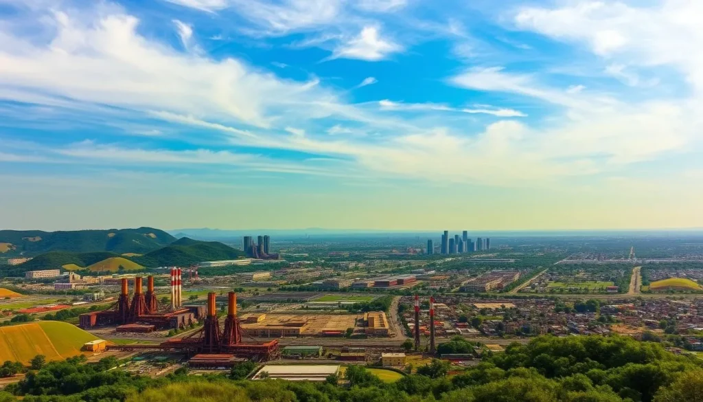 A sprawling panoramic view of Bokaro Steel City, nestled amidst rolling hills and lush greenery. In the foreground, a bustling industrial landscape with towering blast furnaces, belching smokestacks, and a maze of intricate steel structures. The middle ground showcases the city's modern architecture, with sleek high-rises and well-planned residential areas. In the background, a clear blue sky dotted with wispy clouds, creating a serene contrast to the industrial dynamism below. Warm, diffused sunlight bathes the scene, highlighting the interplay of light and shadow across the cityscape. The overall impression is one of a thriving, well-integrated industrial hub that seamlessly blends modern development with its natural surroundings.