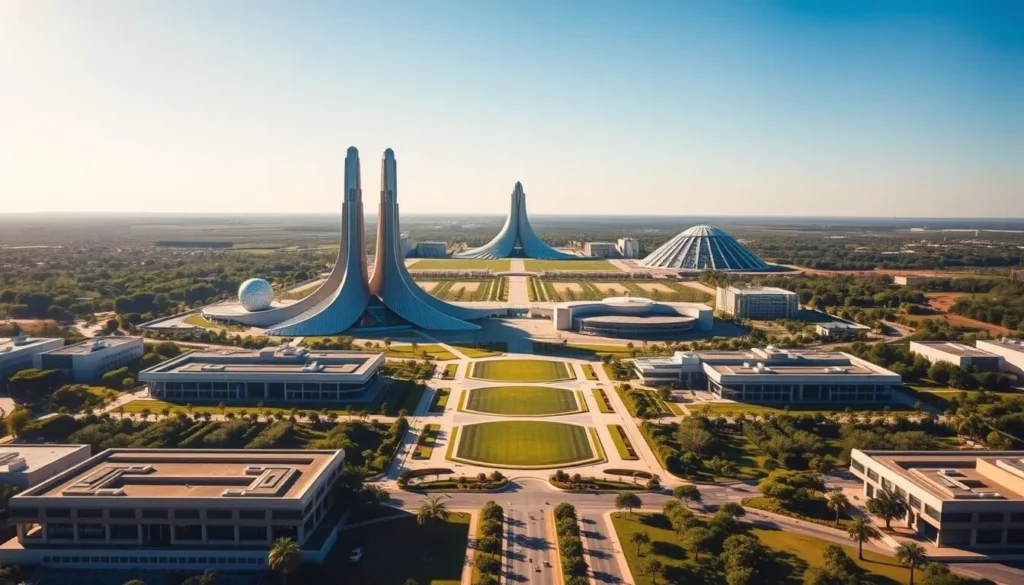 A sprawling vista of Brasilia's iconic modernist architecture, bathed in warm sunlight. In the foreground, the sleek, curvaceous forms of the National Congress building stand tall, its twin towers reaching skyward. Surrounding it, a panorama of low-slung government buildings, their clean lines and geometric shapes creating a striking visual harmony. In the middle ground, the Esplanade of Ministries unfurls, its broad expanse dotted with lush, manicured greenery. In the distance, the striking silhouette of the Cathedral of Brasilia rises, its hyperbolic paraboloid design a stunning architectural statement. The scene exudes a sense of modernist grandeur, a triumphant expression of Brazil's ambition and vision.
