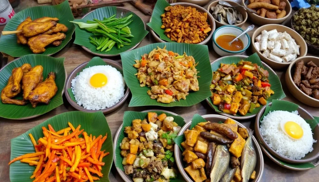 A spread of traditional Bandarban dishes including bamboo chicken, sticky rice, and local vegetables