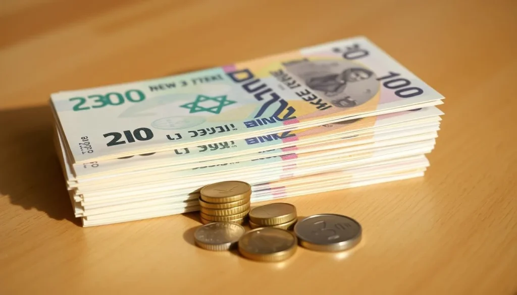A stack of Israeli New Shekel banknotes and coins neatly arranged on a clean, well-lit wooden table. The bills in various denominations, including 20, 50, and 100 Shekels, are crisp and vibrant, reflecting the rich cultural heritage of Israel. The metallic coins, including the 1, 5, and 10 Shekel pieces, are cleanly minted and displayed alongside the bills, creating a harmonious and visually appealing representation of the country's current currency system. The scene is captured with a wide, high-quality lens, ensuring a detailed and realistic depiction that showcases the key elements of the Israeli New Shekel in a natural, uncluttered setting.