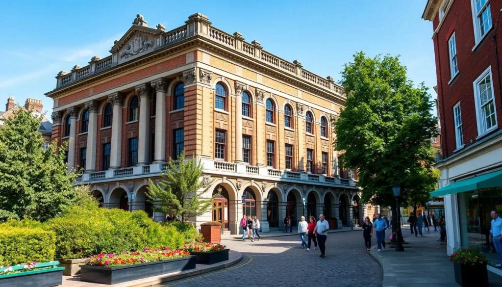 A stately Georgian-style building with intricate brick façade and ornate architectural details stands prominently in the heart of Ealing, its towering columns and arched windows casting long shadows on the quaint cobblestone street below. Lush greenery and blooming flowerbeds surround the landmark, creating a picturesque scene on a bright, sunny day. Pedestrians stroll leisurely, admiring the grand structure that has stood as a proud centerpiece of this historic London suburb for centuries, its timeless elegance a testament to Ealing's rich heritage.