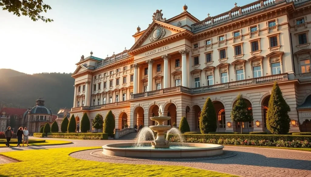A stately and majestic edifice, the Grand Hotel Pupp stands proudly in the heart of Karlovy Vary, its neoclassical facade bathed in warm, golden light. Elegant columns and ornate detailing adorn the building, reflecting the grandeur of its Baroque-inspired architecture. Guests stroll along the neatly manicured grounds, admiring the lush greenery and the serene fountain that graces the forecourt. The hotel's iconic silhouette is framed by a picturesque mountain backdrop, creating a captivating juxtaposition of nature and man-made splendor. This architectural gem, a testament to the city's rich cultural heritage, invites visitors to immerse themselves in the timeless beauty of Karlovy Vary.