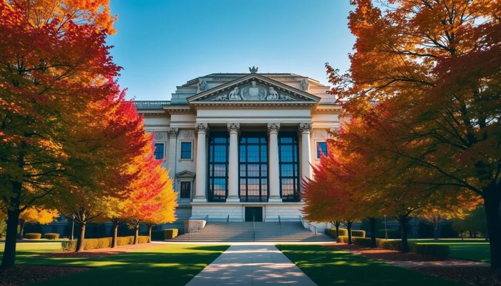 A stately architectural masterpiece, the Detroit Institute of Arts stands tall, its grand limestone façade basking in the warm autumn sunlight. Elegant columns and intricate carvings adorn the building's exterior, creating a sense of timeless elegance. The lush, vibrant foliage of surrounding trees frames the scene, their golden and crimson hues reflecting off the museum's windows. A picturesque path leads visitors towards the grand entrance, inviting them to explore the cultural treasures within. The overall atmosphere is one of refined sophistication and artistic appreciation, perfectly capturing the essence of this iconic Detroit landmark during the beautiful fall season.