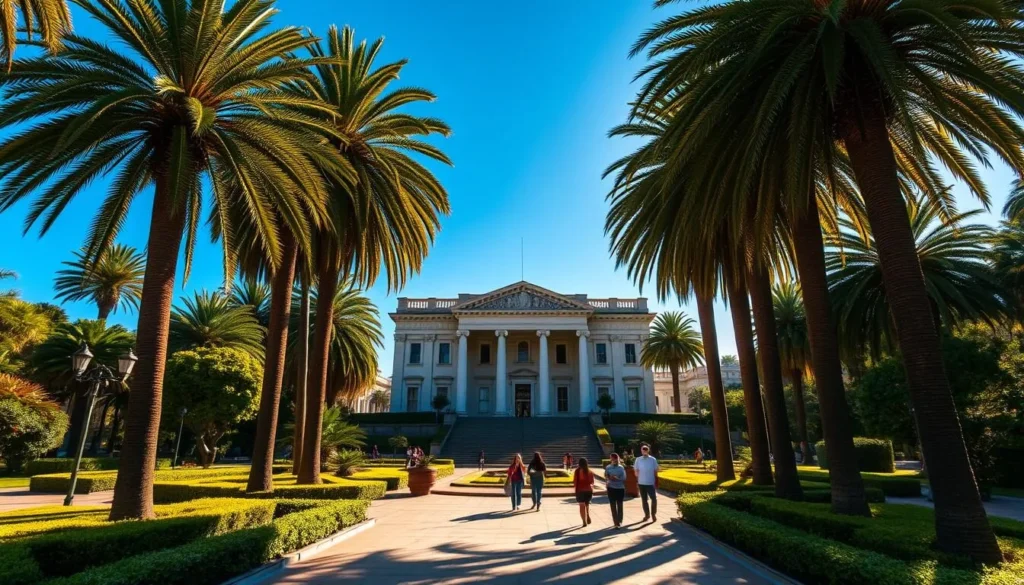 A stately, historical landmark stands tall against a clear blue sky in Piriapolis, Uruguay. The magnificent neoclassical building, with its grand columns and intricate architectural details, commands attention. Lush, manicured gardens surround the structure, creating a serene and picturesque scene. Sunlight filters through the leaves of towering palm trees, casting a warm, golden glow over the entire landscape. People stroll leisurely along the paved pathways, admiring the impressive edifice and its elegant, timeless design. This iconic landmark serves as a testament to Piriapolis' rich history and its enduring charm as a beloved coastal town.