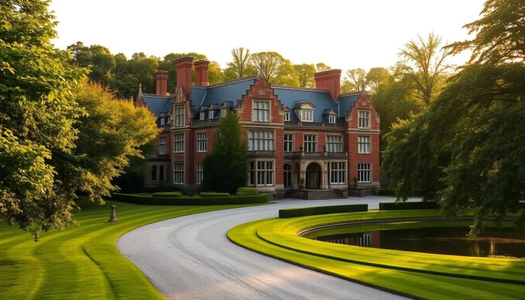 A stately manor house nestled amidst lush greenery, its grand facade bathed in warm, golden sunlight. Ornate brick and stone construction with towering chimneys, decorative gables, and mullioned windows. The extensive grounds feature rolling lawns, neatly manicured hedges, and a serene pond reflecting the elegant structure. A gentle breeze rustles the leaves of the mature trees lining the gravel driveway leading up to the main entrance. The overall atmosphere exudes a sense of refined sophistication and historic grandeur, befitting the prestigious Drammen estate.