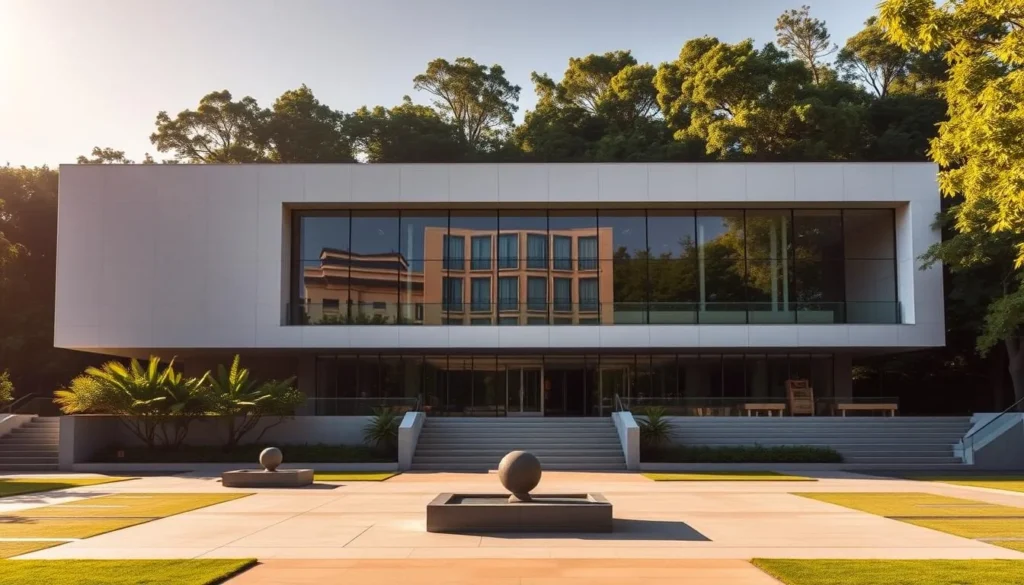 A stately modernist structure with clean lines and expansive glass facades, the Museo de Arte Contemporáneo Mario Abreu stands prominently against a backdrop of lush, verdant foliage. The sun casts a warm, golden glow across the building's sleek, angular surfaces, creating an inviting and serene atmosphere. In the foreground, a well-manicured plaza features elegant water features and contemporary sculptures, drawing visitors into the museum's refined and thoughtful exhibition spaces. The overall composition evokes a sense of harmony between the built environment and the natural world, reflecting the museum's dedication to showcasing the best of contemporary Venezuelan art.