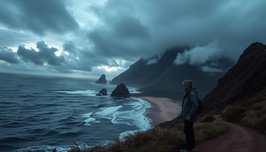 A stormy seascape at dusk, with dark clouds and roiling waves crashing against rocky cliffs. In the foreground, a lone traveler stands on a windswept path, their raincoat billowing in the gusts. The middle ground reveals a picturesque beach, empty and forlorn, while the background is dominated by a towering, ominous mountain range shrouded in mist. The scene conveys a sense of adventure and the unpredictability of nature, hinting at the potential challenges and weather considerations that travelers to this remote Brazilian island might face.
