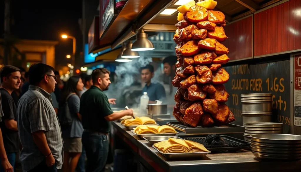 A street food vendor preparing tacos al pastor with a vertical spit of marinated pork and pineapple