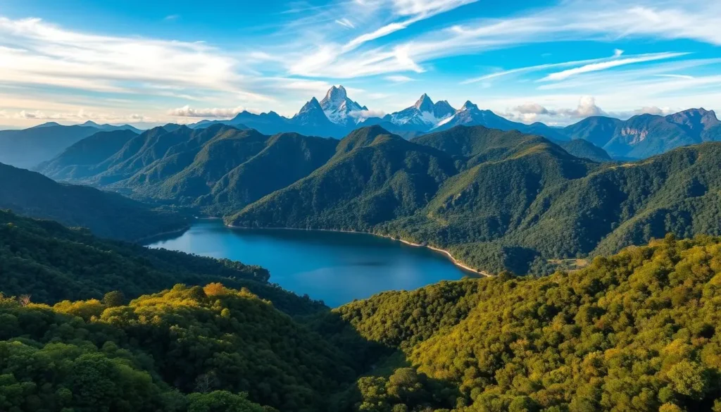 A stunning aerial view of Boa Nova National Park, Brazil, showcasing its breathtaking natural beauty. In the foreground, lush, verdant forests cascade down rolling hills, their canopy a vibrant tapestry of greens. The midground features a crystalline lake, its still waters reflecting the surrounding mountains and sky like a mirror. In the distance, rugged, snow-capped peaks pierce the horizon, their majesty accentuated by soft, golden light filtering through wispy clouds. The scene exudes a sense of serene tranquility, inviting the viewer to immerse themselves in the park's captivating splendor.