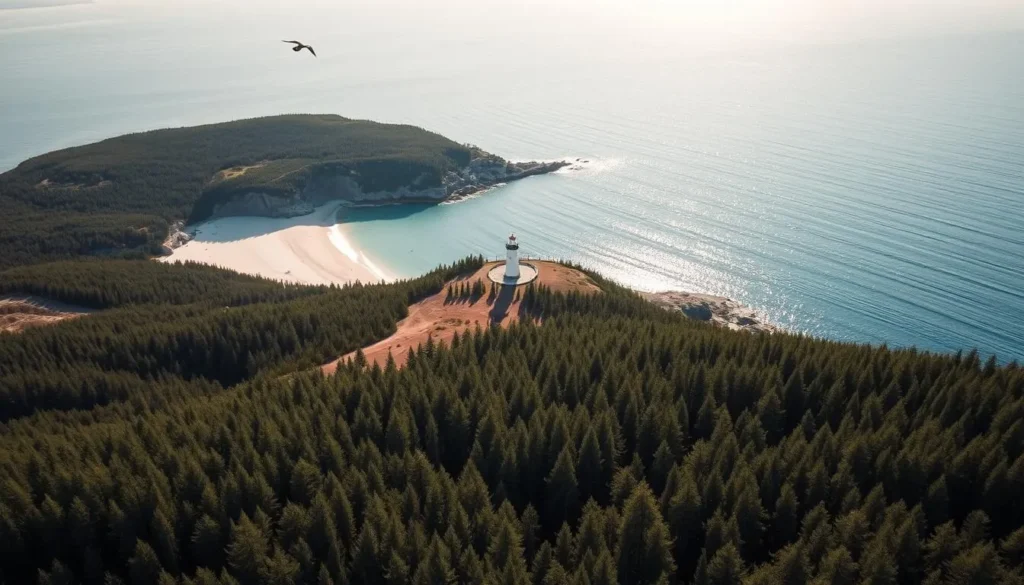 A stunning aerial view of Gotska Sandön, a remote island in the Baltic Sea off the coast of Sweden. The island's pristine white sandy beaches stretch out, framed by the turquoise waters and rugged cliffs. In the foreground, lush pine forests cover the rolling hills, casting long shadows in the warm afternoon light. A lone lighthouse stands tall, guiding ships through the calm, sparkling sea. Seabirds soar overhead, their cries echoing across the tranquil landscape. The scene exudes a sense of isolation and peaceful solitude, perfectly capturing the natural beauty and untamed wilderness of this enchanting Swedish national park.