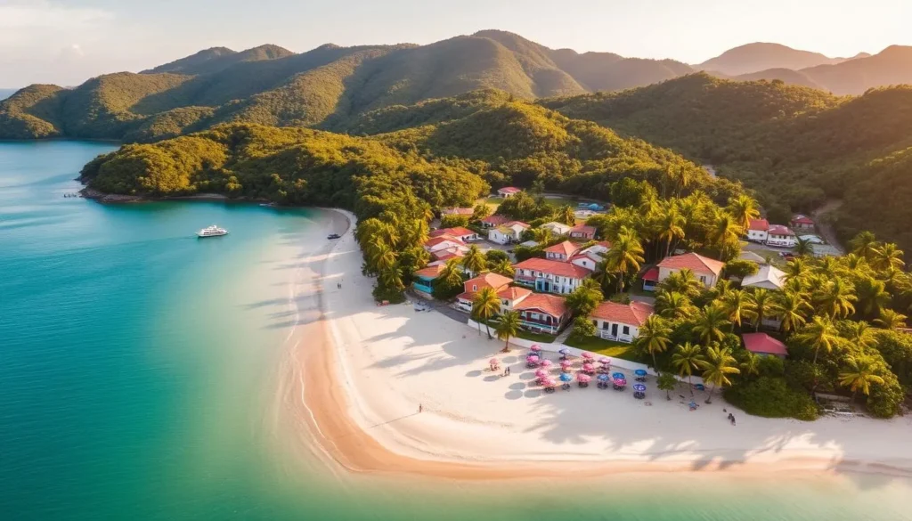 A stunning aerial view of Ilha Rasa, a small, idyllic island off the coast of Brazil. In the foreground, a pristine white-sand beach curves along the shore, dotted with colorful umbrellas and swaying palm trees. The middle ground reveals a quaint village with traditional Portuguese-style houses, their vibrant facades reflecting in the calm, turquoise waters. In the background, lush, verdant hills rise up, creating a dramatic, natural backdrop. The scene is bathed in warm, golden sunlight, casting a serene, tranquil atmosphere over the entire island. Capture the essence of this island's unique cultural charm and natural beauty.