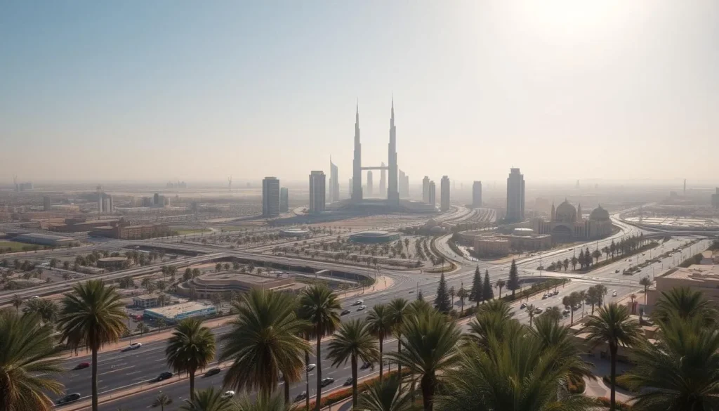 A stunning aerial view of Riyadh, the vibrant capital city of Saudi Arabia, on a picturesque day. Sweeping vistas of the bustling cityscape, with modern skyscrapers and ancient fortresses seamlessly blending together. In the foreground, lush palm trees sway gently in the warm, balmy breeze. The middle ground features a sprawling network of roads and highways, with cars and pedestrians going about their daily lives. In the background, the iconic King Abdullah Financial District towers reach towards the cloudless, azure sky, bathed in the soft, golden glow of the sun. The overall atmosphere conveys a sense of tranquility and prosperity, showcasing Riyadh's unique blend of tradition and modernity.