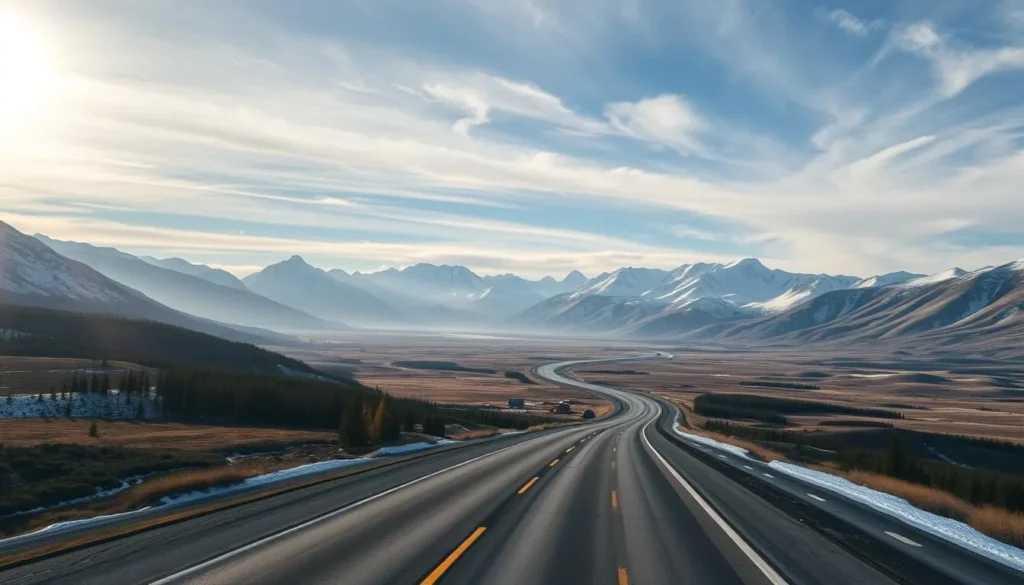 A stunning aerial view of the legendary Alaska Highway winding through the breathtaking landscapes of British Columbia. The road cuts through vast expanses of untamed wilderness, flanked by snow-capped peaks and pristine boreal forests. Sunlight filters through wispy clouds, casting a warm glow over the rugged terrain. In the foreground, the smooth asphalt of the highway leads the viewer's eye into the distance, where it disappears over rolling hills. The middle ground is dotted with occasional cabins and roadside rest stops, while the background is dominated by the majestic Canadian Rockies, their jagged summits reaching towards the heavens. This image perfectly captures the sense of adventure and solitude that define the legendary Alaska Highway.