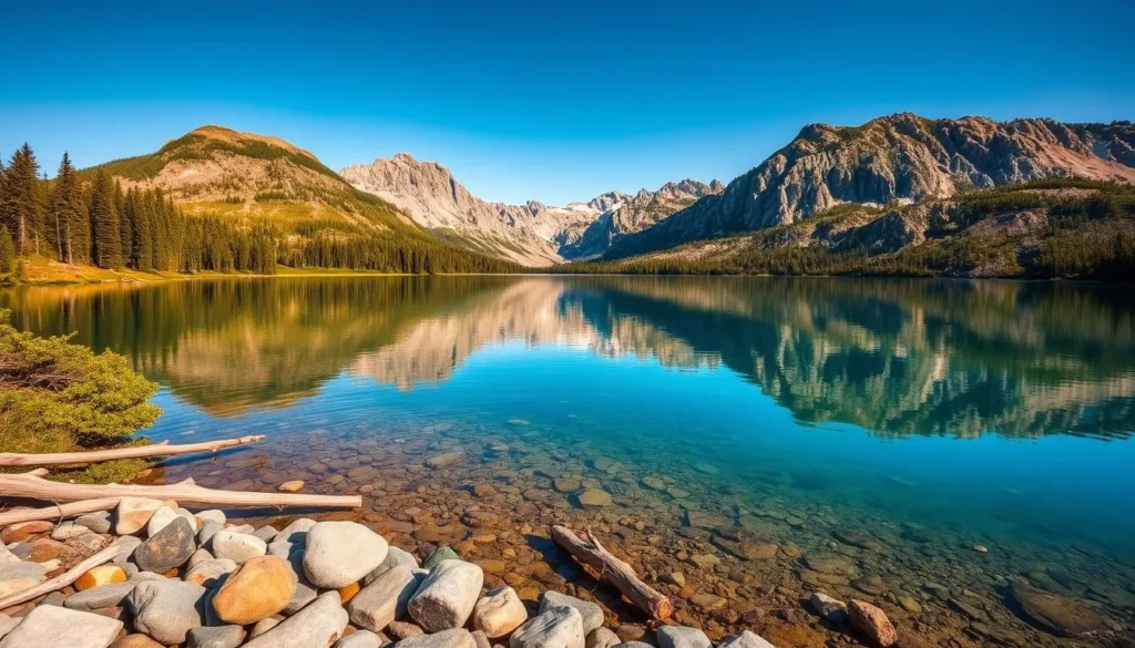 A stunning alpine lake nestled in the Sawtooth Mountains, Stanley Lake is a breathtaking sight. Capture its crystal-clear waters reflecting the towering peaks and lush evergreen forests surrounding it. A warm, golden sun casts a soft glow over the scene, illuminating the vibrant greens of the shoreline vegetation and the gray, craggy rock formations in the distance. In the foreground, smooth stones and driftwood line the shore, inviting visitors to pause and take in the serene beauty of this pristine natural wonder. Compose the image with a wide-angle lens to showcase the lake's magnificent scale and the dramatic landscape that frames it.