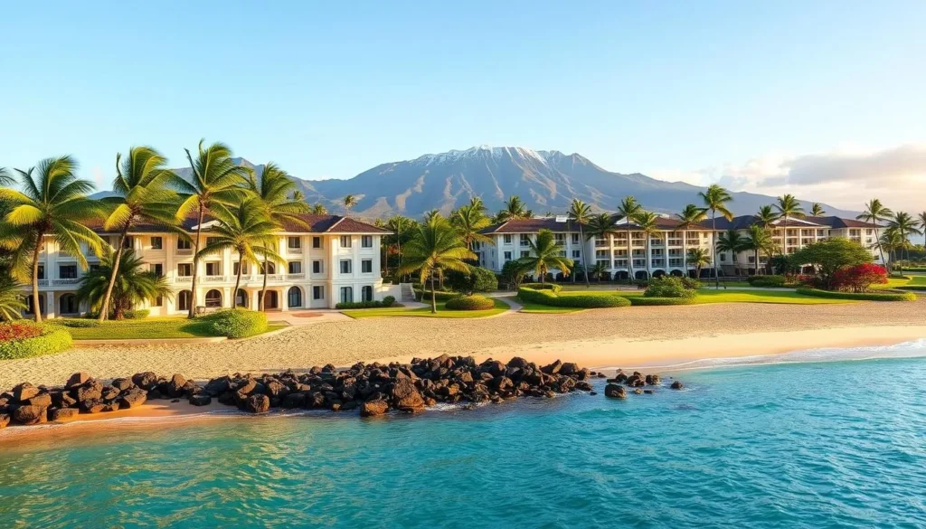 A stunning beachfront resort nestled at the base of the majestic Mauna Kea volcano, the Mauna Kea Beach Hotel stands as a testament to Hawaii's rich history and natural beauty. Capture the inviting scene of the hotel's elegant white buildings, their classic Hawaiian architecture complemented by lush palm trees swaying in the gentle breeze. In the foreground, a pristine stretch of golden sand leads to the crystal-clear waters of Kauna'oa Bay, where guests can enjoy swimming, snorkeling, or simply relaxing under the warm island sun. The mid-ground features the hotel's well-manicured grounds, dotted with vibrant tropical flora, while the background showcases the towering peak of Mauna Kea, its slopes capped with a dusting of snow. Utilize a wide-angle lens to showcase the full grandeur of this picturesque setting, with soft, even lighting that accentuates the hotel's timeless charm and the natural splendor of its surroundings.