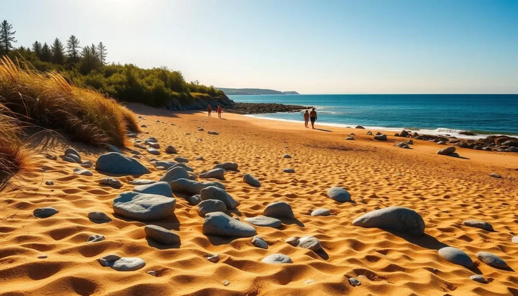 A stunning beachscape on the shores of Varmdo Island, Sweden. The golden sand stretches out, dotted with smooth, wind-worn rocks. In the distance, the azure waters of the Baltic Sea shimmer under the warm, golden sunlight. Tall, swaying grasses and lush foliage line the beach, creating a natural, serene atmosphere. Beachgoers stroll along the water's edge, taking in the picturesque scene. The overall mood is one of tranquility and natural beauty, perfectly capturing the essence of Varmdo's stunning coastline.
